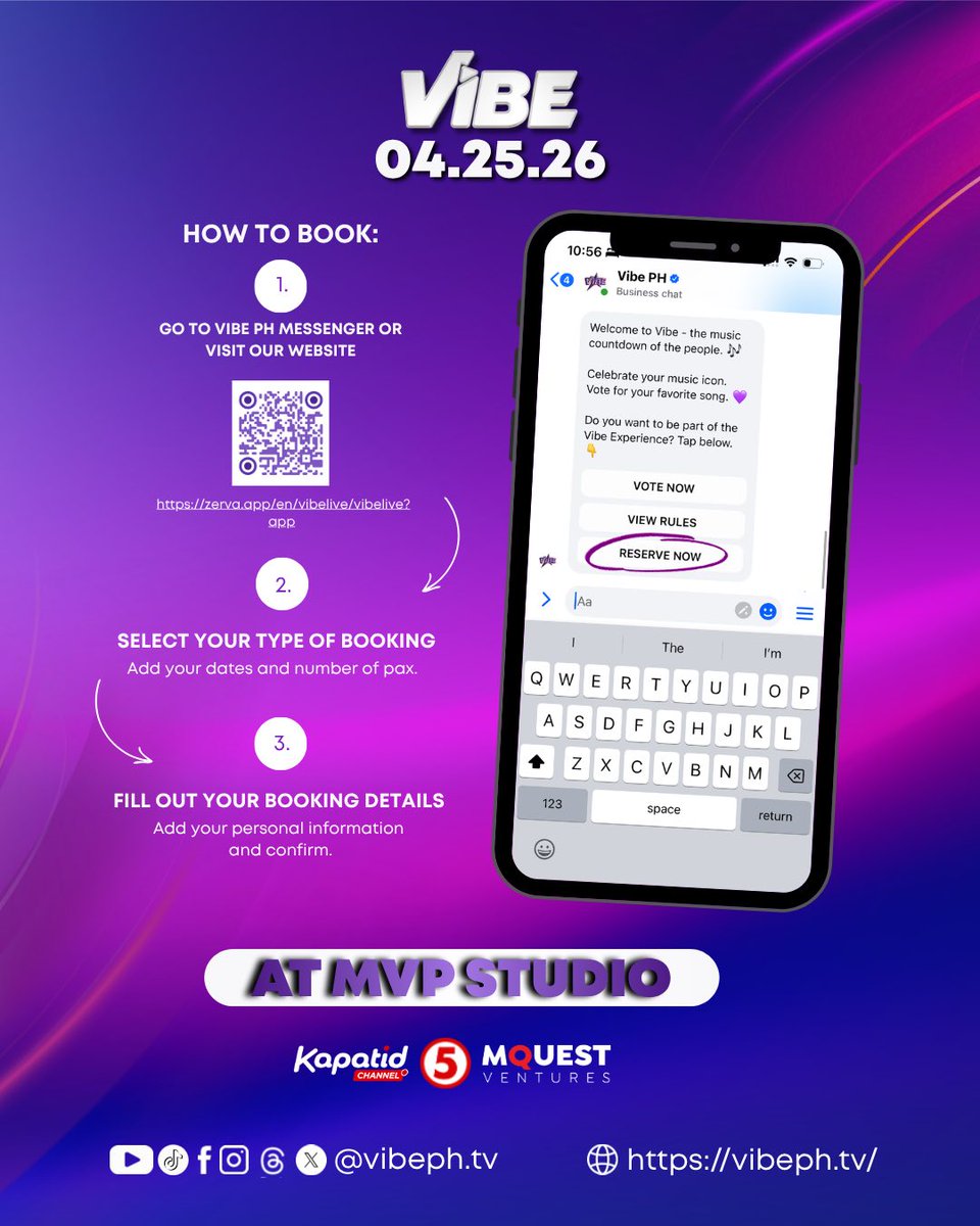 KapatidInsider's tweet image. GET READY for M.V.P — MAJOR VIBE PARTY as your favorite OPM MUSIC LIVE COUNTDOWN, is MOVING to the MVP STUIDOS at Mandaluyong City! 🤩💜

You can NOW BOOK your seats for FREE! Just chat @vibephtv's FB messenger or visit at: zerva.app/en/vibelive/vi….

#VibePH #VibeTV5