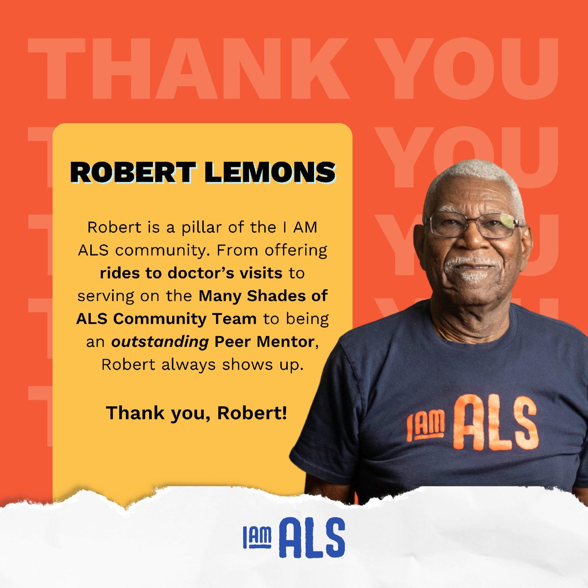 iamalsorg's tweet photo. National Volunteer Month | Volunteer Spotlight 📣

Whether it’s a listening ear, a shoulder to cry on, or a ride to an appointment—Robert Lemons shows up.

Thank you for all you do for the I AM ALS community, Robert 💙 https://t.co/gTrgp5UenD