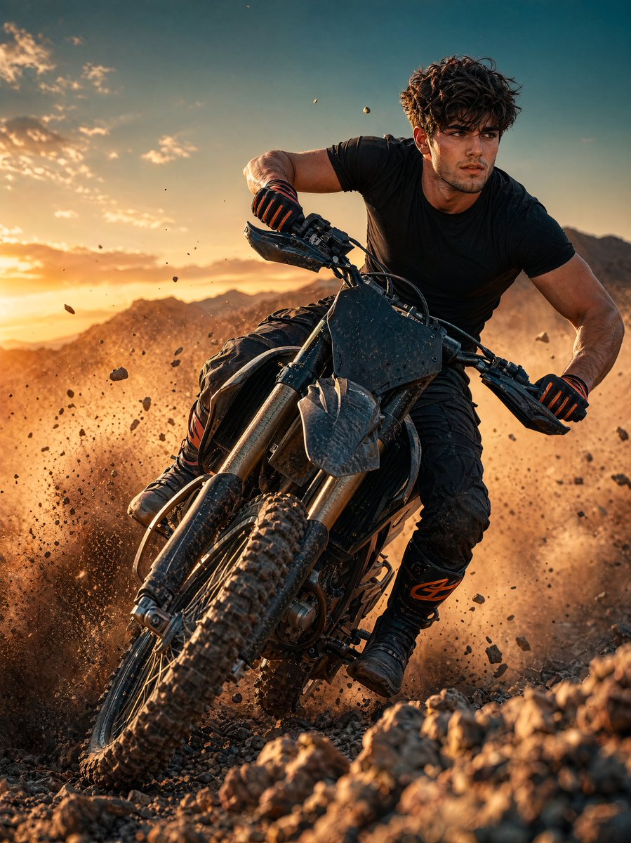 Generated with GPT Image 2

Prompt:
A cinematic high resolution action portrait of a young man riding a modern motocross dirt bike across rough rocky terrain during golden hour sunset. He is leaning aggressively forward while turning, showing focus and intensity on his face. He