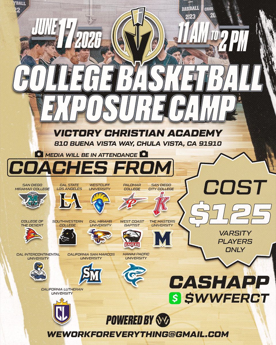 WWFE_RCT's tweet image. Things are changing for the SoCal area‼️

Lots of College Coaches are coming down to the Southbay in Chula Vista to take part in the Victory Christian Academy College Basketball Exposure Event ✅ 

We are excited about this opportunity 🔥

#wwferecruiting #socal #basketball