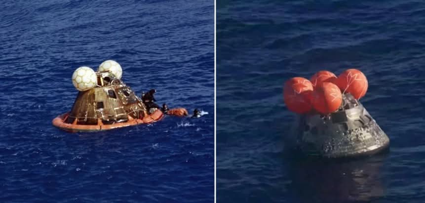 1972 vs 2026 splashed down ..... The left image reflects Apollo-era ...