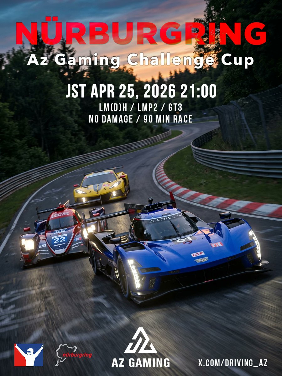 Driving_Az's tweet image. 日本時間4月25日の21時からニュルブルクリンク(フル)でGTP, LMP2,GT3の混走のエンジョイレースを開催します！

車両: GTP/LMP2/GT3(NEC BoP適用)
No Damage, Unlimited Repair

スケジュール
Open/Practice: 21:00~
Qualify: 22:00~
Race: 22:30~ (90min)
解散: 0:00~

Pass: AzGaming

#iRacing