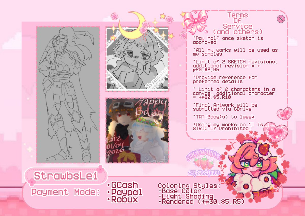 SyCryt0's tweet image. [🍓COMMISSIONS OPEN🍓]
Slots: (4/6)

HELLO EVERYONE! I'm opening a small commission today with only limited slots of 6 :33

You can contact me through:
Discord - strawbsleileiii 

Glad to be of service! (⁠｡⁠•̀⁠ᴗ⁠-⁠)⁠✧
#art #commisionopen #artcommissions #artmoots