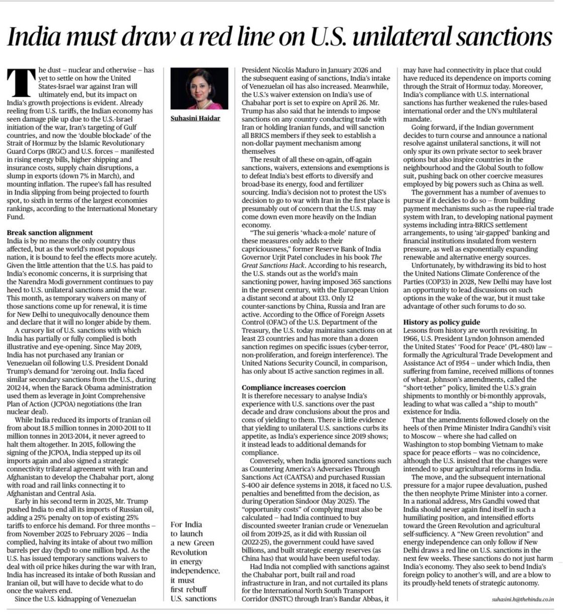 SushantSin's tweet photo. At a time when so many Indian analysts, columnists and thinktankers justify India's timidity and pusillanimity
as strategic pragmatism and what not, @suhasinih is asking the Modi govt to develop a spine and draw a red line on unilateral US sanctions. https://t.co/5a8g5yP1y5