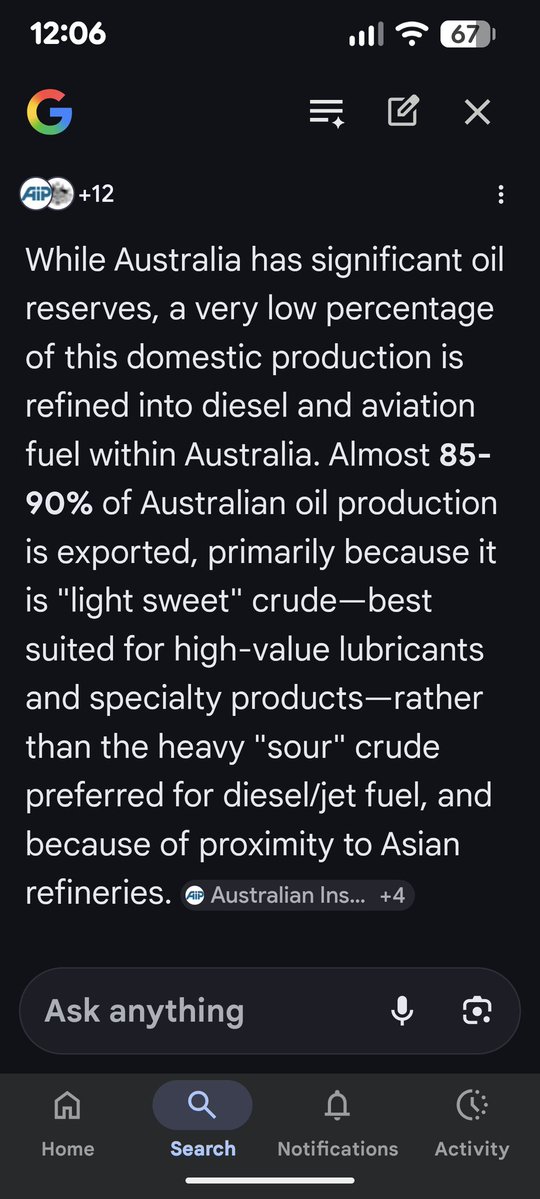 <a href="/AngusTaylorMP/">Angus Taylor MP</a> Angus knows exactly why Australia doesn't refine oil domestically. 90% of it is unfit for the production of diesel &amp; aviation fuel. His government stood by &amp; watched 5 out of 6 refineries close during their reign of incompetence &amp; corruption.
