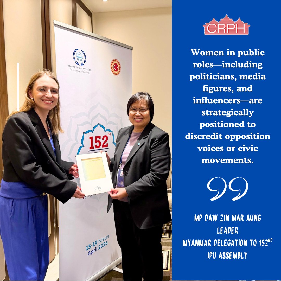 CrphMyanmar's tweet photo. I wish to raise a critical concern regarding the instrumentalization of women in political strategies that undermine not only democratic movements, but also the foundations of post-conflict recovery and sustainable peace.

Watch full remarks of @ZinMarAungNUG at #IPU152 ⬇️
https://t.co/GagGUWOtrR