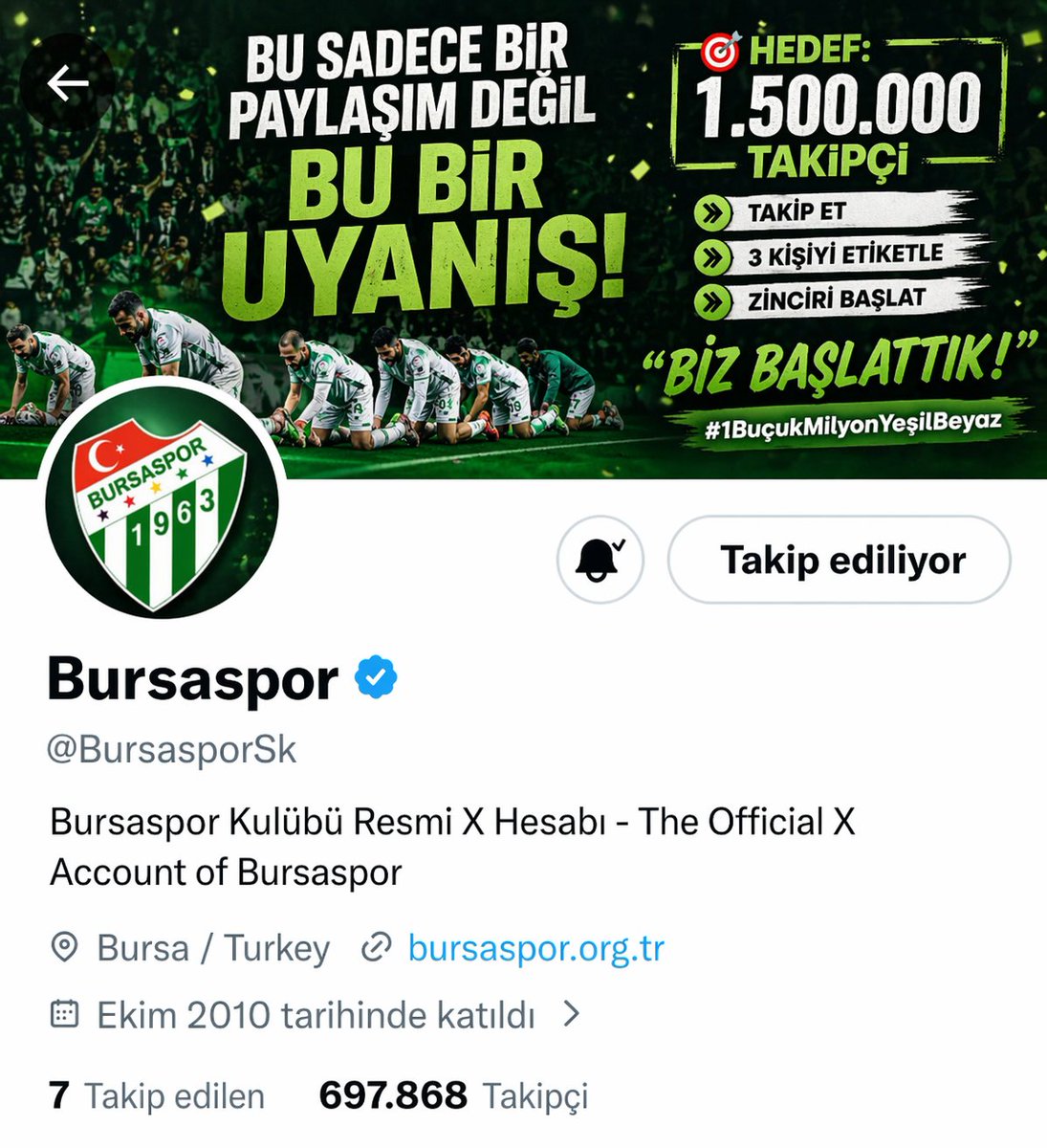 VarBiHayalimiz's tweet photo. BU SADECE BİR PAYLAŞIM DEĞİL.
BU BİR UYANIŞ!

🎯 Hedef: 1.500.000 X TAKİPÇİ 
@BursasporSk

➡️ Takip et
➡️ 3 kişiyi etiketle
➡️ Zinciri başlat

“BİZ BAŞLATTIK!”

#1BuçukMilyonYeşilBeyaz https://t.co/84BQYMX5yM