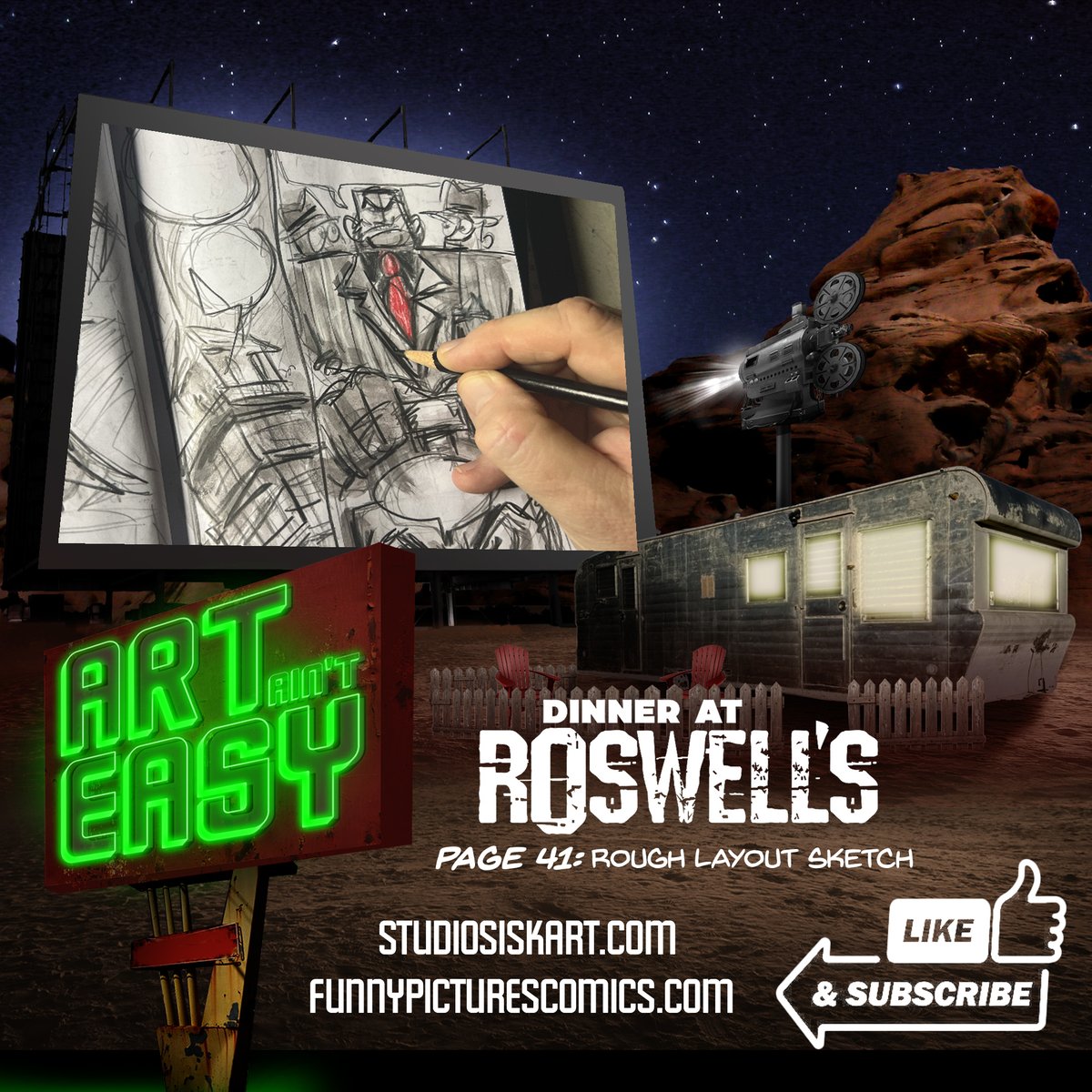Dinner at Roswell's: Page 41 layout rough.
Follow at:  studiosiskart.com funnypicturescomics.com