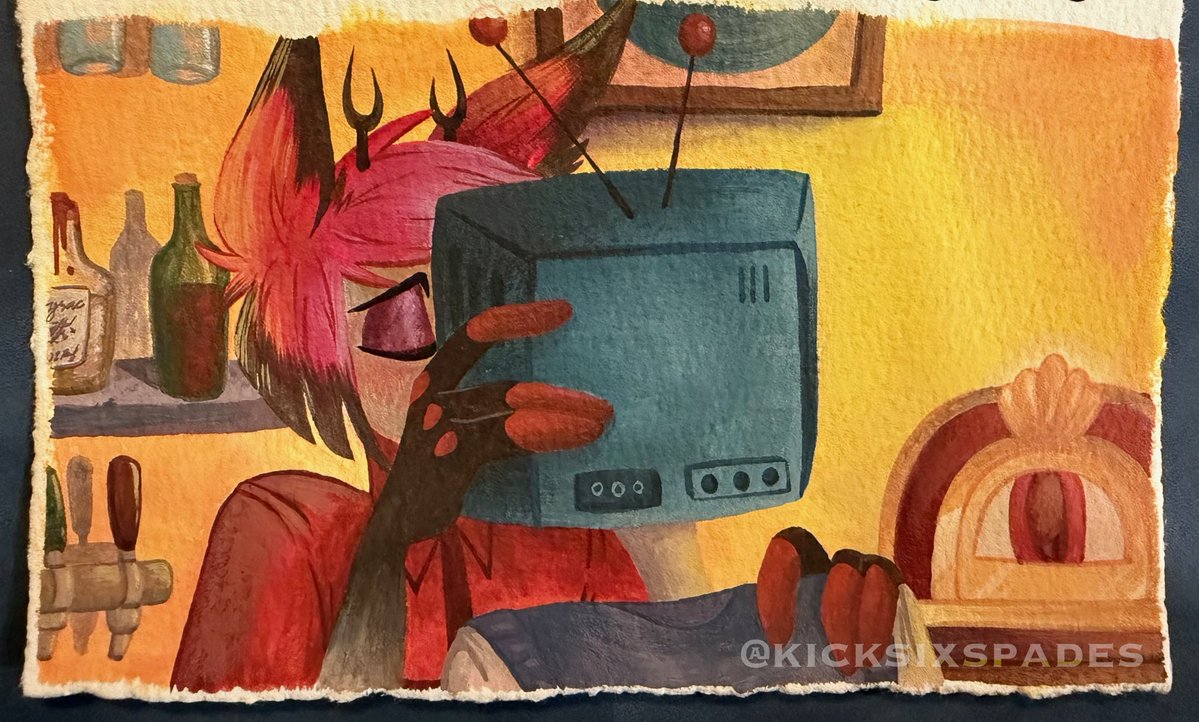 kicksixspades's tweet image. Bar top makeout 🥃🥃

#sparksduo #radiostatic #voxal #hazbinhotel #traditionalart #gouache