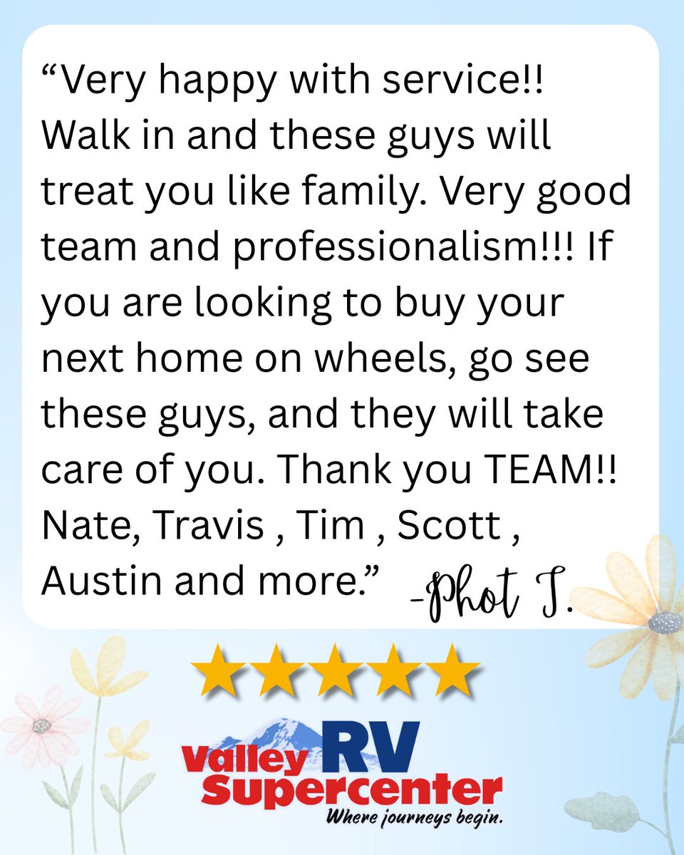 ValleyRVSuper's tweet photo. ⭐️⭐️⭐️⭐️⭐️ It takes a team, and we’ve got the BEST!!!
🚐 Ready for your next adventure or upgrade? We’ve got you covered.

Shop here 👉 https://t.co/j1nPhEpgIf

#RV #RVService #RVLife #RVforSale https://t.co/zceuSsFQuS