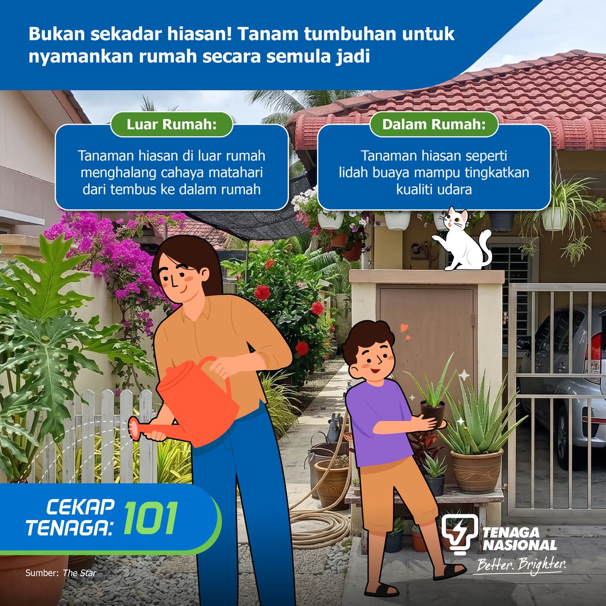 Tenaga_Nasional's tweet photo. Selamat Hari Bumi semua 🌍💚 Tak kiralah dalam rumah ataupun di luar, tanaman hiasan membantu mewujudkan persekitaran yang lebih nyaman dan segar 🪴❄️ 

Sebelum bercucuk tanam, pastikan tanaman hiasan yang dipilih adalah selamat dan tidak toksik kepada kanak-kanak/haiwan peliharaan 🐈 Dan jika ditanam di luar, elakkan dari menghalang pintu atau tingkap supaya aliran udara tidak terganggu 👍🏻 

#CekapTenaga101 #MELP #EnergyLiteracy #HariBumi #EarthDay #Sustainability #IndoorPlant