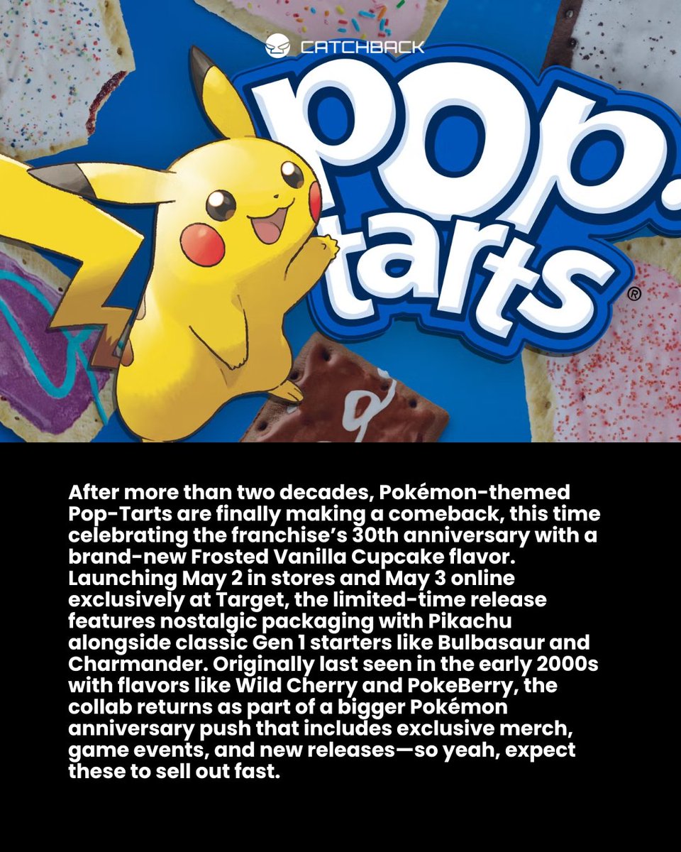 catchback_cards's tweet photo. Pop-Tarts x Pokémon is BACK after 25 years—new Frosted Vanilla Cupcake flavor drops exclusively at Target this May
#Pokemon #PopTarts #Pokemon30 #TargetFinds #LimitedEdition #SnackDrop #GamingNews #Nostalgia #Pikachu #FoodCollab https://t.co/yoANyuuFWy