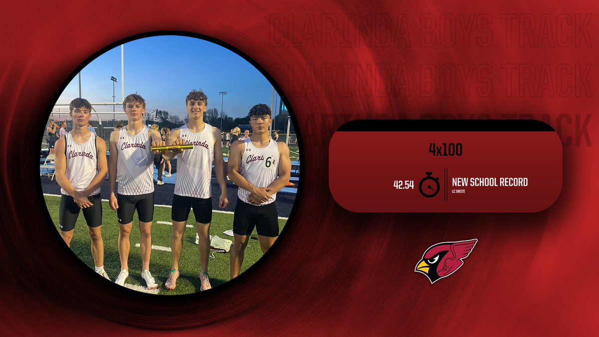 CHS_Cards's tweet photo. The 4x100 team of Nolan Wagoner, Cohen Phillips, Cooper Baumgart, and Kaiden Roop now holds the New School Record! https://t.co/oWtYSnbiC7