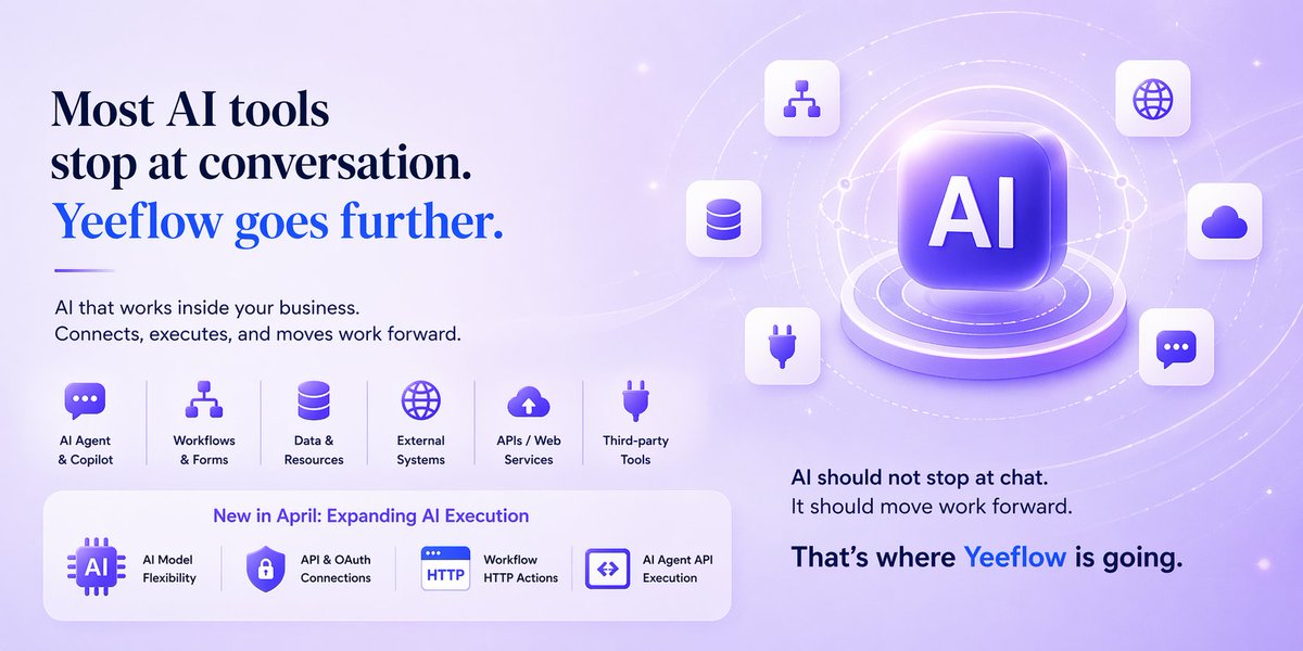 yeeflow's tweet photo. Yeeflow AI is becoming more than an assistant.

Most AI tools today focus on conversation.
But real business value comes when AI can actually participate in work.

With the April release, Yeeflow is taking an important step in that direction. https://t.co/l3cImJWQtz