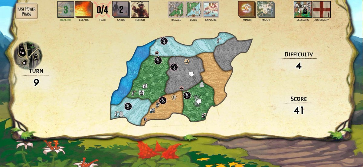 第３波を監視の目でクリア✨️
この精霊はダハンが多い場では強いよね。

まだ荒廃1だよ。そろそろ強くなってくるから彼の出番かな。。

I saved Spirit Island from the Invaders! #SpiritIsland