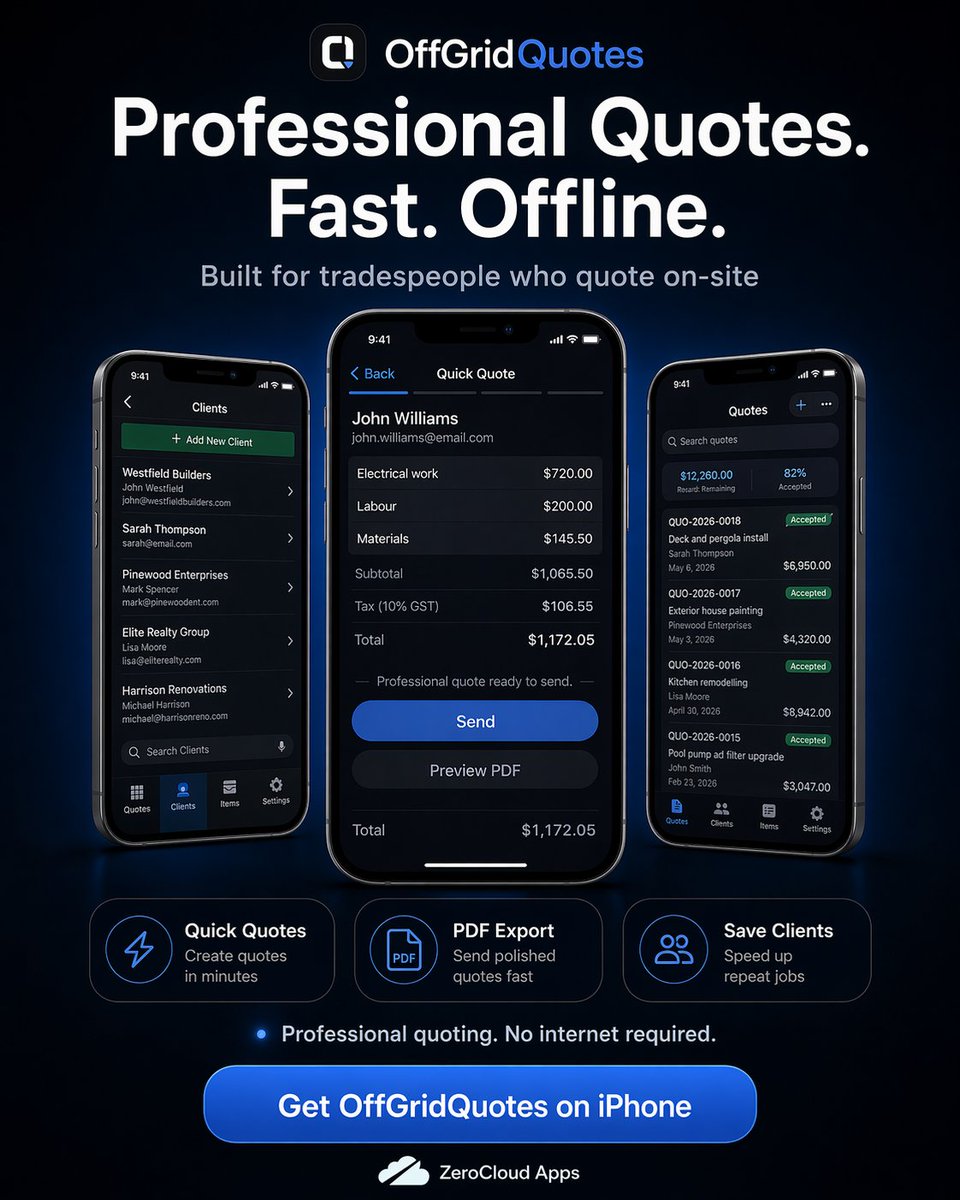 ZeroCloudApps's tweet photo. Tradespeople: there’s an iPhone app built for quoting on-site.

OffGridQuotes

* quick quotes
* polished PDFs
* signatures
* photos
* saved clients
* offline + private

https://t.co/4JmzuNHqd9

https://t.co/hlUrj9QaIZ https://t.co/O5zuJOr0BE