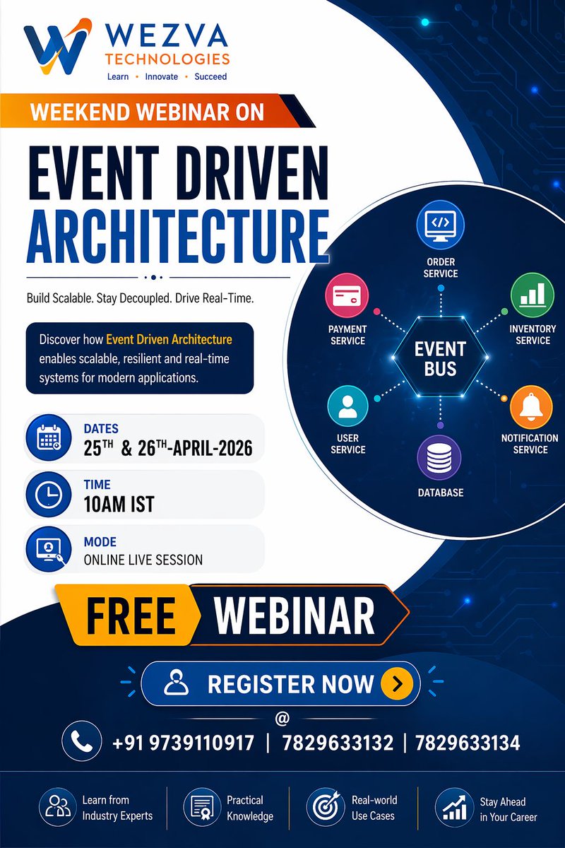 yuviwezvatech's tweet image. 🚀 FREE WEEKEND WEBINAR by Wezva Technologies 🚀

🔥 Ready to learn one of the most in-demand modern software architecture concepts?

📌 Topic: Event Driven Architecture
📅 Dates: 25th &amp;amp; 26th April 2026
⏰ Time: 10:00 AM IST
💻 Mode: Online Live Session

#Trending #Training