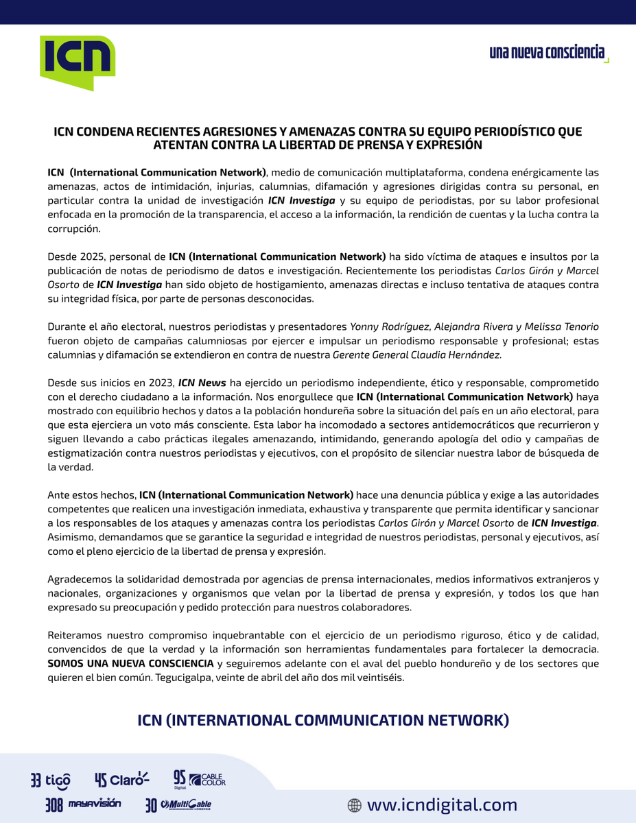 ICNDigital's tweet photo. #Honduras 🔴| ICN condena recientes agresiones y amenazas contra su equipo periodístico y ejecutivos; medios y organismos de prensa nacionales e internacionales se solidarizan y demandan investigación. https://t.co/lfUFHFebGi