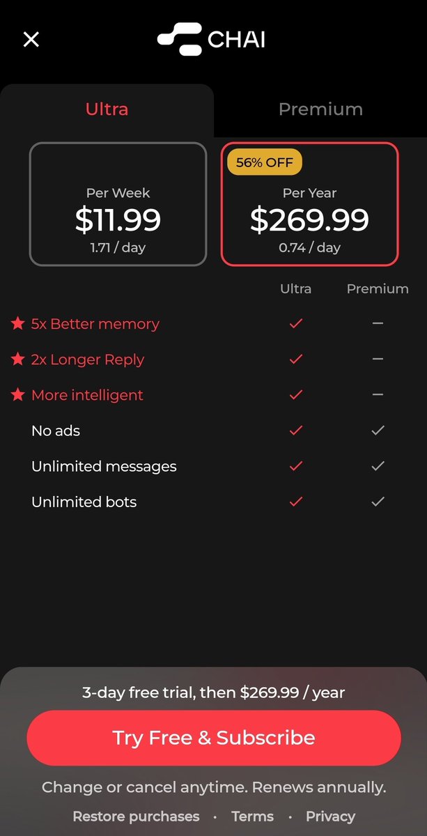 redbeardsley91's tweet photo. Since I've been banned from @getchaiapp's Reddit community: how dare Chai's CEO, William Beauchamp, put the screws to loyal users by locking any new content behind a paywall and trying to bilk them by demanding subscriptions of nearly $270 USD?! https://t.co/MGlCvAPIwe