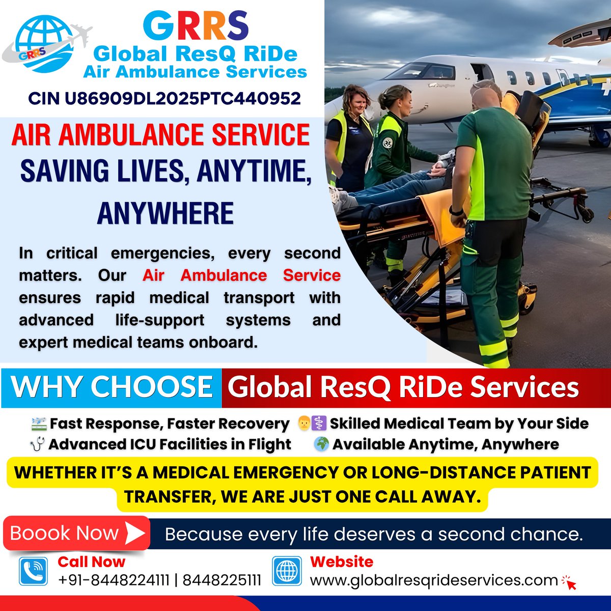 globalresqride's tweet image. Emergencies don’t wait—and neither do we. Our Air Ambulance Service delivers fast, reliable, and fully equipped medical transport when time is critical.

Call Now: +91-844-822-4111 | +91-844-822-5111
🌐 Website: globalresqrideservices.com

#AirAmbulanceService #EmergencyResponse