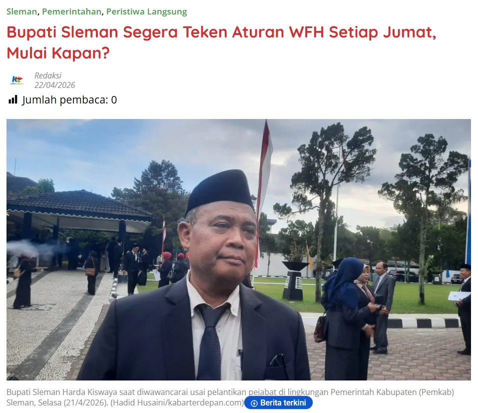 kabarterdepanID's tweet image. Bupati Sleman Segera Teken Aturan WFH Setiap Jumat, Mulai Kapan?

kabarterdepan.com/bupati-sleman-…

#BupatiSleman #HardaKiswaya #WFH #Sleman #KabarTerdepan