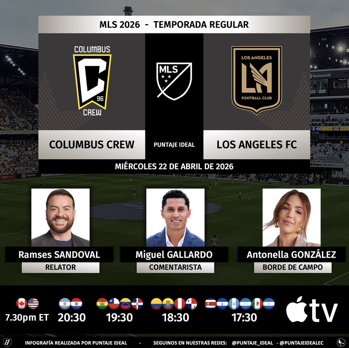 PuntajeIdealEC's tweet image. ⚽️ #MLS 🇺🇸 | #ColumbusCrew vs. #LAFC
🎙️ Relator: @RamsesSandoval
🎙️ Comentarista: @migallardo01
🎙️ Campo: @soyantosports 
💻📱@AppleTV
🤳#CLBvLA
Dale RT 🔃