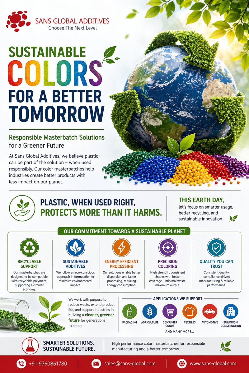 vashankur's tweet image. This Earth Day, commit to sustainability and eco‑friendly choices for a brighter tomorrow.  
Smarter usage, better recycling, and greener innovation can shape a sustainable future for generations to come.  
#ColorMasterbatch #Masterbatch #PlasticIndustry #Polymer #Additives