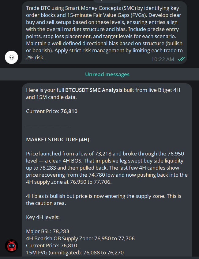 GellyNFT's tweet photo. Hello everyone sharing my experience here in my AI Trading Competition I will walk you all through my journey. 

After using GetClaw in a live session, I noticed how the AI agent executes trades strictly based on the rules I configured no guessing, no hesitation, just pure logic. It waits for my SMC conditions like liquidity sweeps, order block taps, and FVG alignment before entering, and once everything lines up, it triggers instantly without emotion. What makes it powerful is how easy the setup is once the rules are defined, the agent just follows them with consistency the whole session.

Comparing it to manual trading, I used to hesitate a lot on entries or second-guess valid setups, especially during fast market moves. With GetClaw, that hesitation is gone because it executes immediately when conditions are met, removing fear and emotional bias completely. It also sticks to risk management better than I used to, since every trade follows the exact 2% risk rule without exception.

Right now, my GetClaw strategy is focused on SMC waiting for liquidity sweeps into key order blocks that align with FVGs, then confirming with a structure shift before entering. Early insights show that the best trades come when all confluences are present, not when forcing entries, and the agent is very effective at staying patient. So far, the biggest edge I see is consistency doing the same high probability setup over and over without deviation.  

This is just the start fam more will come soon so stay tune and trade with me with AI! 

#BitgetAIAgentStrategyTradingComp