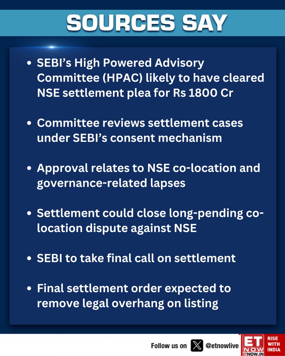ETNOWlive's tweet image. #SourcesSay | EXCLUSIVE : SEBI’s High Powered Advisory Committee (HPAC) likely to have cleared NSE settlement plea for Rs 1800 Cr

#SEBI #NSE #IndianMarkets @ankurmishrasays