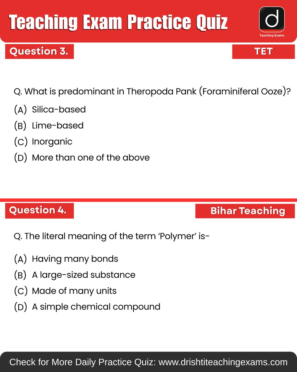 Drishtiteaching's tweet image. Today’s daily practice quiz is here 📚 Try it and check your score!

More such available on Drishti Teaching Exams Website for daily practice.

#UGC #TET #TGT #PGT #BiharTeaching #MCQ #PracticeQuiz #PYQ #TeachingMCQ #DrishtiTeachingExams