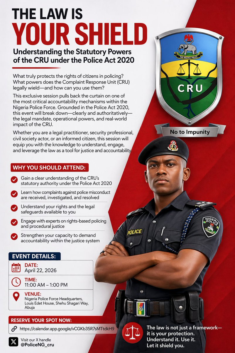 PoliceNG_CRU's tweet photo. https://t.co/UYN2VNjdpi
Click the link at 1100hrs to join the HEAD, @CspIniedu for our Online Community Engagement Webinar today as we discuss the mandate of the Unit under the @PoliceNG Act 2020. @tony_placid @TunjiDisu1 @UNODC_Nigeria @AmnestyNigeria @cleenfoundation @segalink https://t.co/czSHQe8ILm