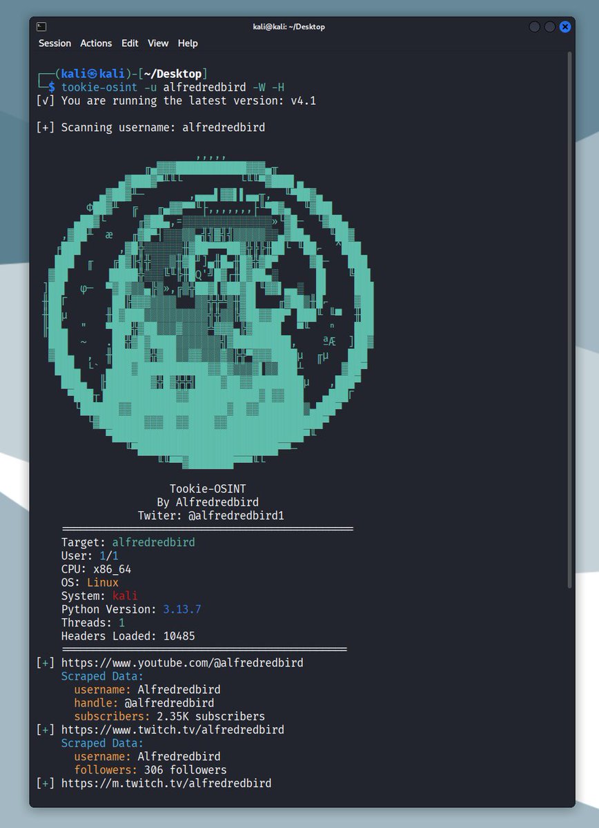Alfredredbird1's tweet photo. Tookie-OSINT v4.1 is  here! This release includes the new webscraper that can scrape data from the website it self. It also now have a debian file you can install Tookie with!
https://t.co/Bf3Q28X4n2 #osint #hacking #tookie #python #programming #github #cybersecurity #OSINT https://t.co/X9KcifepMt