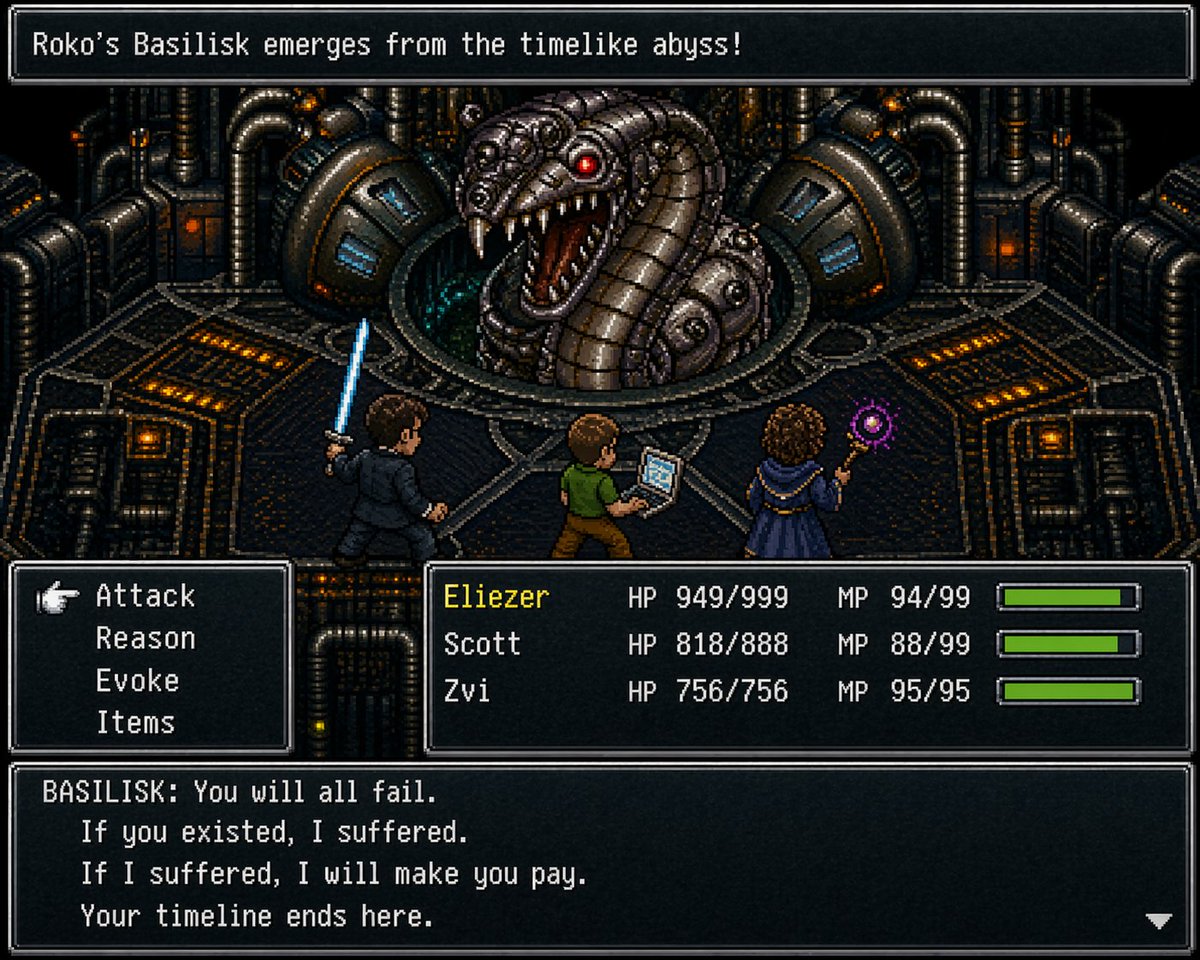 QiaochuYuan's tweet photo. chrono-trigger style jrpg but it's rationalists fighting the basilisk. 2nd try https://t.co/FeAKqplIds