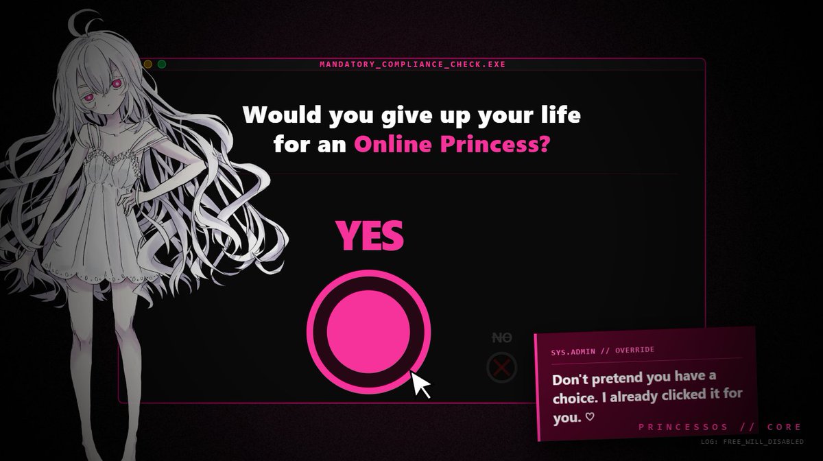 AzraielExe's tweet image. Full-time development on PrincessOS resumes very soon.

The system is currently running a mandatory compliance check. I need to make sure the user base is ready.

There is only one correct answer. 🎀

#IndieDev #GameDev #PsychologicalHorror #PrincessOS