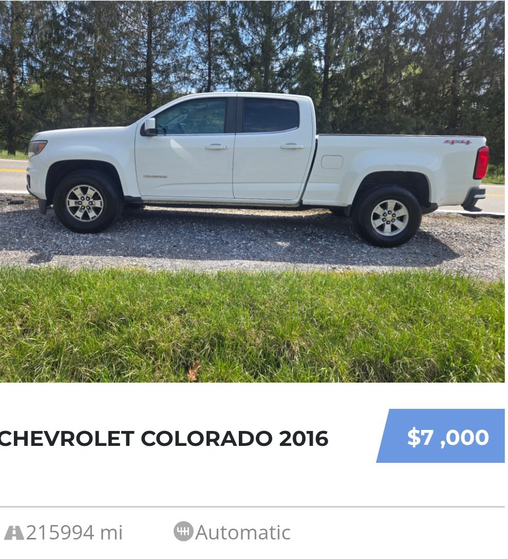 2016 Chevrolet Colorado 4 WD Crewcab Pickup. V6 gasoline engine, automatic transmission, air conditioning, power windows, power door locks, spray in bedliner, tow package. 215,994 K miles. Contact George 410-292-4646 call or text yourtrucksforsale.com