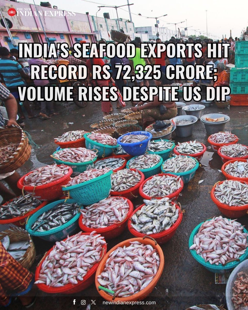 NewIndianXpress's tweet image. India’s #seafood exports touched a historic high of Rs 72,325.82 crore ($8.28 billion) in 2025–26, with total export volumes rising to 19.32 lakh metric tonnes, according to provisional figures released by the Marine Products Export Development Authority. 

🔗