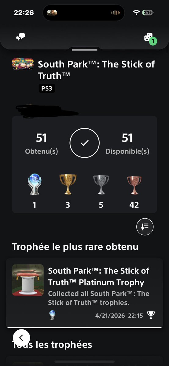 Vu77777TH's tweet image. South Park™: The Stick of Truth
19 Platinum Trophy in my second account 
Difficulty platinum: 3,5/10 
#trophyhunter #playstationtrophy #playstation3 #ps3 #platinumtrophy