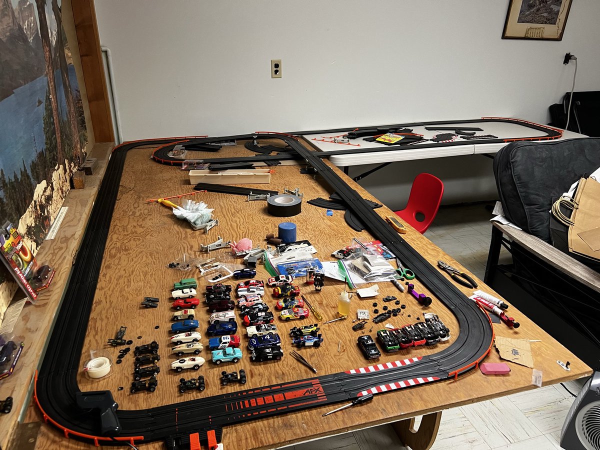 DelNollmeyer's tweet photo. @Bkitch1Bodie @LEAADFarms @gregzimpleman @jeremyarm @CodyRob1 Instead of planting corn, I’m doing this instead.  HO slot cars.  Some of these cars are 65 years oldand were  my older brothers.  It’s pretty fun working on them.  The new cars are fast and have a small circuit board in them. https://t.co/yH2cNEOVlX