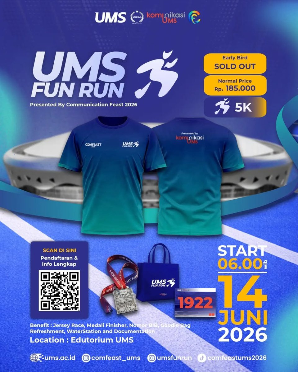 JadwalLari's tweet image. 👟UMS Fun Run
🗓️Minggu, 14 Juni 2026
🏃‍♂️5K
🏠Gedung Edutorium KH. Ahmad Dahlan, Universitas Muhammadiyah Surakarta (UMS), Surakarta, Jawa Tengah

#JadwalLari #FunRun #InfoLariSolo #EventLariSolo #UMSFunRun2026