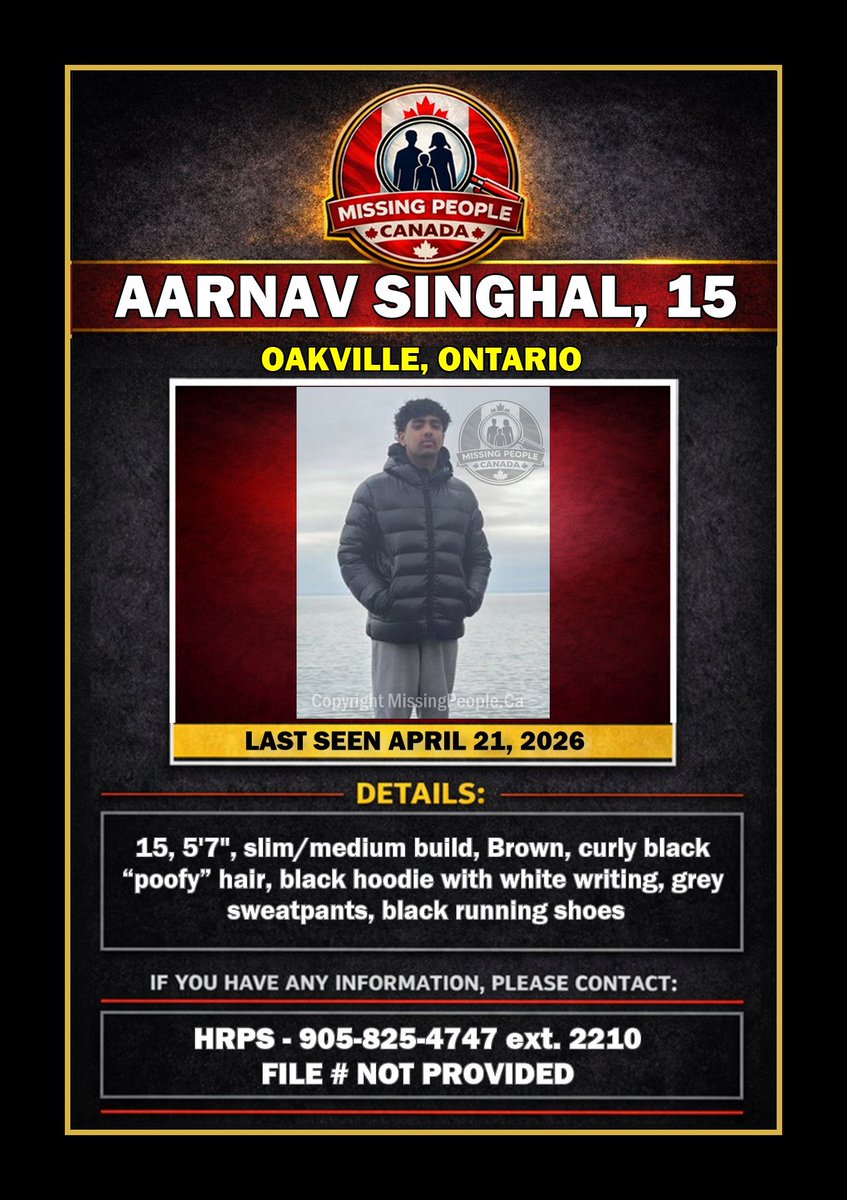 Missing_CA's tweet image. 🔗 Full story: missingpeople.ca/missing-youth-… 

🧭 MISSING YOUTH IN OAKVILLE, ONTARIO - AARNAV SINGHAL, 15 - LAST SEEN APRIL 21, 2026 

📍 #Oakville #ON #Ontario
