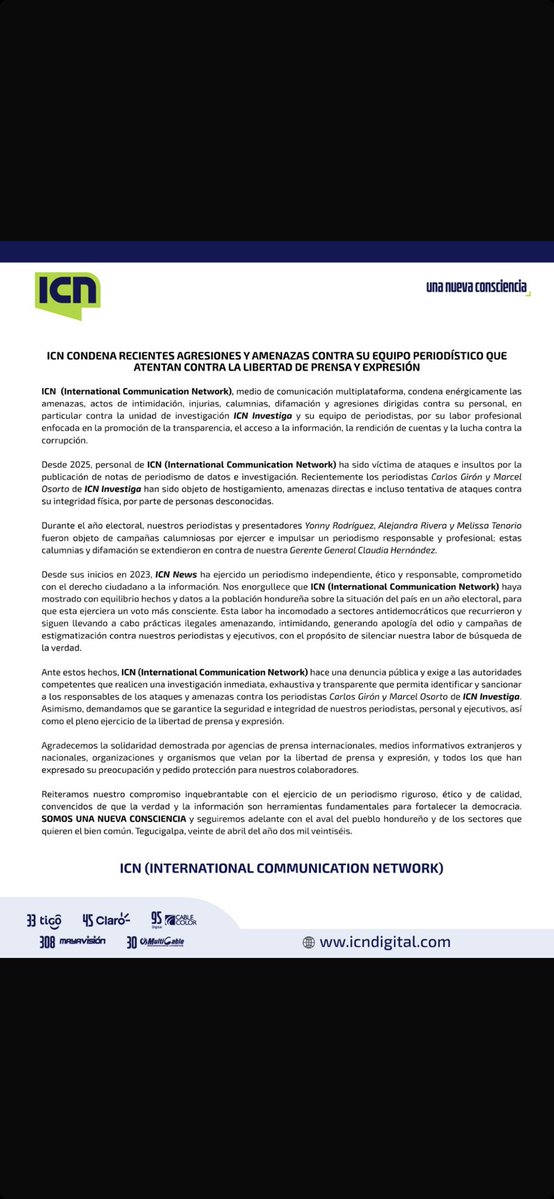 Comparto el comunicado institucional de ICN ante las amenazas y recientes intimidaciones que atentan contra la libertad de expresión y de prensa, en un país donde el silencio no es opción👇
