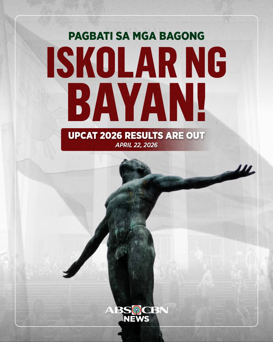 ABSCBNNews's tweet photo. PADAYON SA MGA BAGONG ISKOLAR NG BAYAN ❤️
 
Inilabas na ang resulta ng University of the Philippines College Admission Test (UPCAT) 2026 ngayong Miyerkules, April 22. https://t.co/eO1ZvWGmNj
