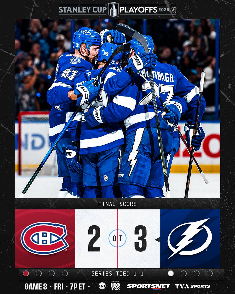 NHL's tweet image. THE LIGHTNING TIE THE SERIES!!! 💙 #StanleyCup

Game 3 between the @TBLightning and @CanadiensMTL is FRIDAY at 7p ET on @NHL_On_TNT, @Sportsnet, &amp;amp; @TVASports!
