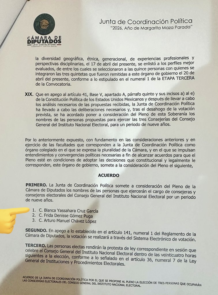 La presidenta del Instituto Electoral del Estado de Puebla (<a href="/Puebla_IEE/">IEE Puebla</a>), Blanca Yassahara Cruz García (<a href="/BlancaYCG/">Blanca Y. Cruz García</a>) es una de las tres propuestas para ocupar consejerías vacantes del INE

La Junta de Coordinación Política de la <a href="/Mx_Diputados/">H. Cámara de Diputados</a> someterá la terna a votación del Pleno