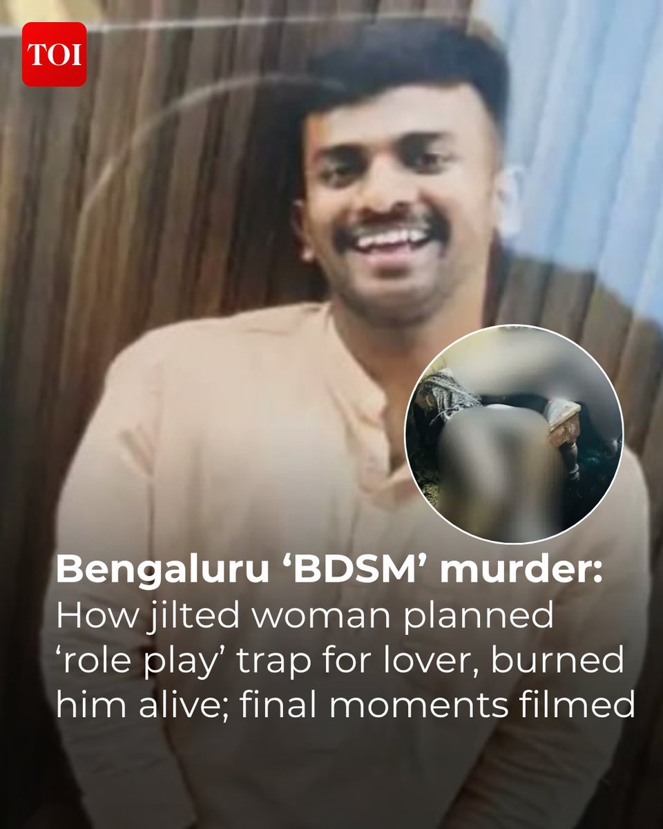 timesofindia's tweet image. In a chilling twist to an alleged BDSM role play, a 27-year-old woman has been arrested for murdering her #boyfriend after tying him up, blindfolding him and setting him ablaze at her residence in northwest #Bengaluru.

Know more 🔗toi.in/Ev5aUa41