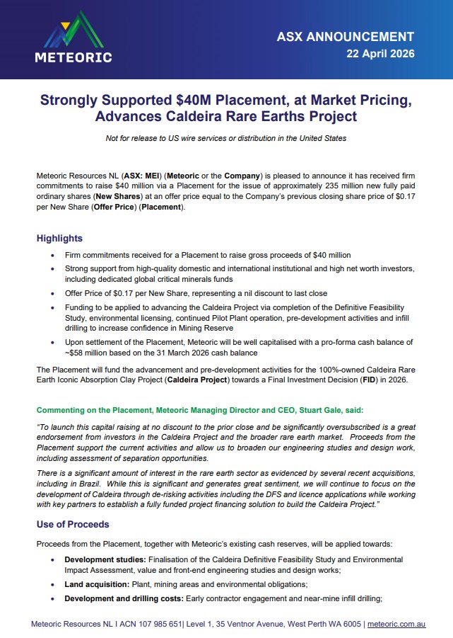 ASX_MEI's tweet photo. $MEI has secured $40M at $0.17 per share (no discount), advancing its Caldeira Rare Earth Project in Brazil with strong institutional backing to support DFS, approvals and development ahead of a 2026 FID: https://t.co/MpyrcXXFD1 https://t.co/Q9NnnEu6mE