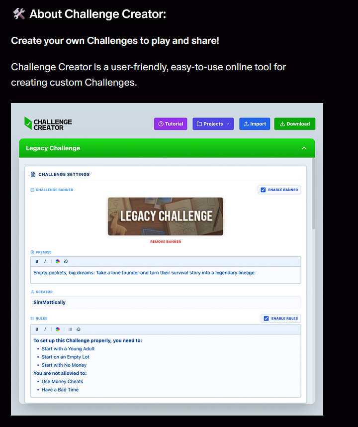 ezotranslation's tweet photo. @Chofis_Ok @SimMattically I found the post on SimMattically's Patreon which shows how it works: https://t.co/uD1MPNlUIF
And here are some screenshots that show how it's possible to create your own challenges.
I'm so excited for this mod! 🤩 https://t.co/NkNvShnYQQ