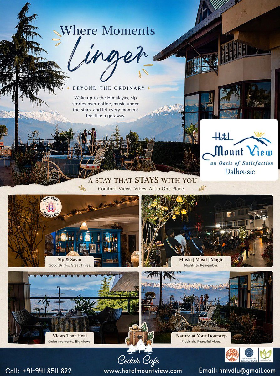 hotelmountview1's tweet photo. Where moments don’t just pass… they linger ✨

Wake

🏔️ Comfort. Views. Vibes. All in one place.

📍 Hotel Mount View, Dalhousie
📞 Call/WhatsApp: +91 94185 11822
🌐 Book Now: https://t.co/dmDsdi1Yuk
📧 Email: hmvdlu@gmail.com

✨ Your perfect getaway is just one call away

#HotelMountView #DalhousieDiaries #MountainEscape #StayWithUs #HimachalPradesh #TravelIndia