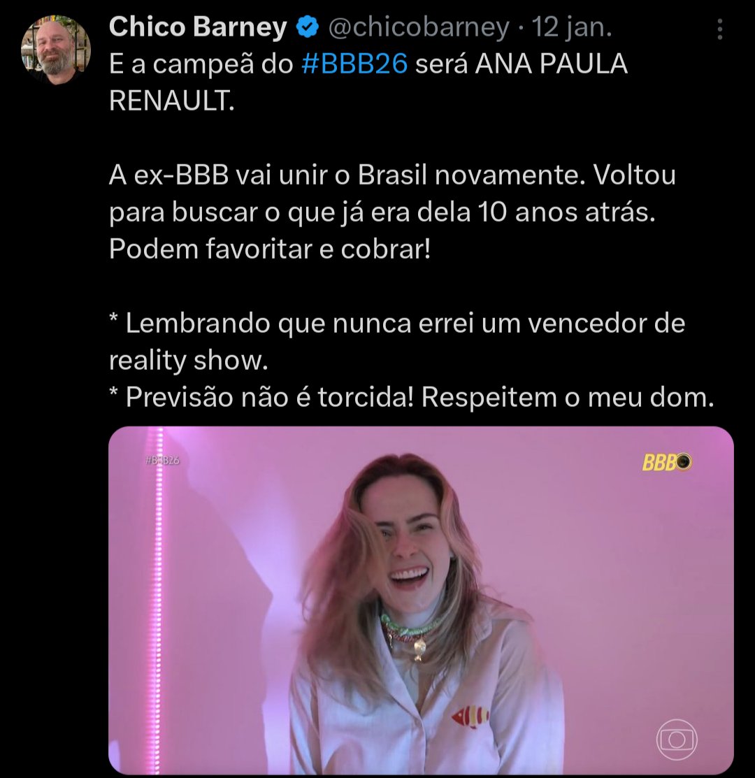 🚨 URGENTE! Pela primeira vez, Chico Barney ACERTA o vencedor de uma edição do Big Brother Brasil. #BBB26