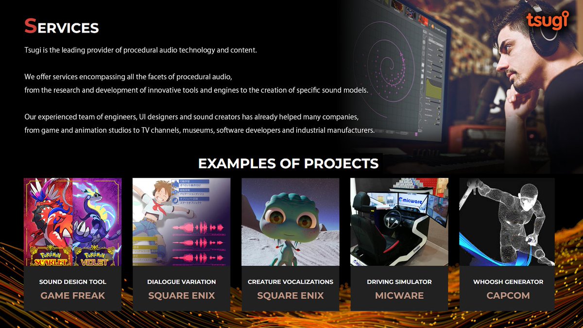 tsugistudio's tweet image. We develop unique sound synthesis technology for games, movie production, smart toys, and location-based entertainment. 🎛♒🔊

Tell us how we can help you!
tsugi-studio.com/web/en/service…

#gameaudio #sounddesign #LBE #filmsound #proceduralaudio #kidstoys